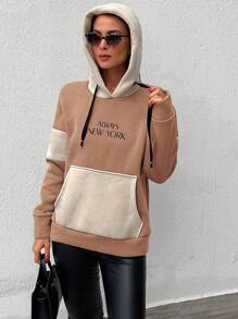 RueChic Colorblock Letter Graphic Kangaroo Pocket Drop Shoulder Drawstring Hoodie - Coffee Brown - View 6