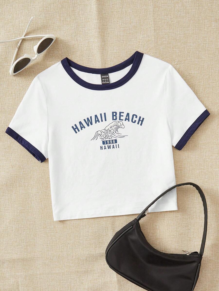 SHEIN EZwear 字母圖案撞色滾邊短款T恤 - 白色 - 查看 1