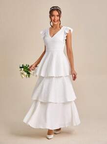 SHEIN Belle Ruffle Trim Layer Hem Wedding Dress - White - View 1