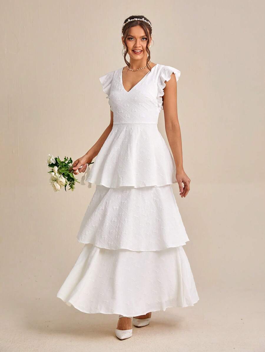SHEIN Belle Ruffle Trim Layer Hem Wedding Dress - White - View 1