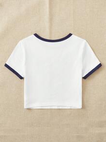 SHEIN EZwear 字母圖案撞色滾邊短款T恤 - 白色 - 查看 2