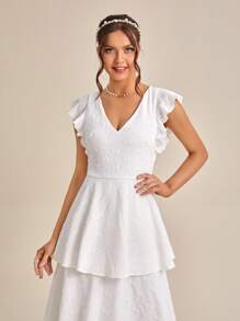 SHEIN Belle Ruffle Trim Layer Hem Wedding Dress - White - View 3