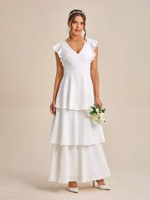 SHEIN Belle Ruffle Trim Layer Hem Wedding Dress - White - View 4
