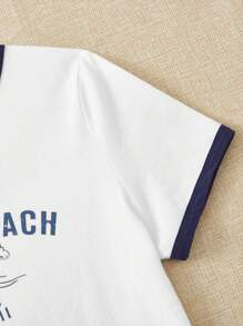 SHEIN EZwear 字母圖案撞色滾邊短款T恤 - 白色 - 查看 5
