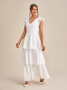 SHEIN Belle Ruffle Trim Layer Hem Wedding Dress - White - View 5