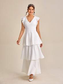 SHEIN Belle Ruffle Trim Layer Hem Wedding Dress - White - View 7