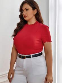 SHEIN Essnce 大碼小高領羅紋針織T恤 - 紅色 - 查看 3