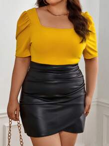 SHEIN Privé Áo thun Plus size màu trơn Giải trí - Màu Mù tạt vàng - Xem 1