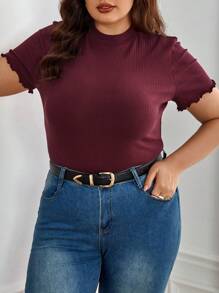 SHEIN Essnce Plus Mock Neck Rib-knit Tee - Maroon - View 4