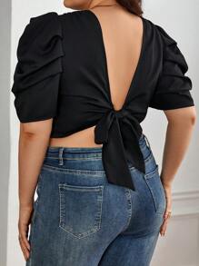 SHEIN Privé Plus Tie Back Puff Sleeve Top - Black - View 3