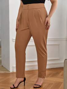 SHEIN Privé Plus High Waist Button Front Pants - Camel - View 3