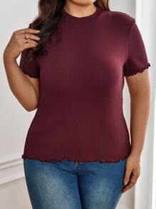 SHEIN Essnce Plus Mock Neck Rib-knit Tee - Maroon - View 5