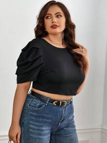 SHEIN Privé Plus Tie Back Puff Sleeve Top - Black - View 4