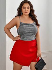 SHEIN Privé Plus Draped Crisscross Backless Ruched Glitter Cami Top - Grey - View 5