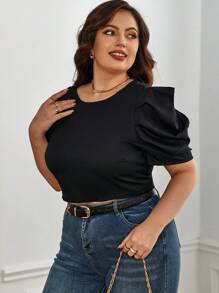 SHEIN Privé Plus Tie Back Puff Sleeve Top - Black - View 5