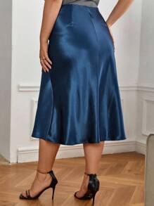 SHEIN Privé Plus High Waist A-line Satin Skirt - Navy Blue - View 2