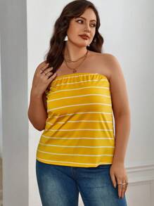 SHEIN Essnce 大碼條紋印花抹胸上衣 - 芥末黃 - 查看 5