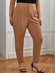 SHEIN Privé Plus High Waist Button Front Pants - Camel - View 5