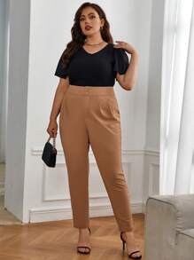 SHEIN Privé Plus High Waist Button Front Pants - Camel - View 6