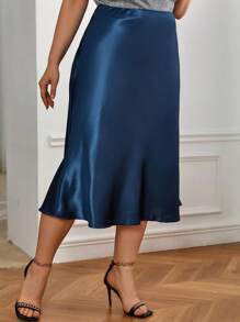 SHEIN Privé Plus High Waist A-line Satin Skirt - Navy Blue - View 3
