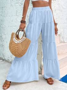 Breezaya Ruffle Hem Wide Leg Pants Fall Cloth For Women - Baby Blue - View 3