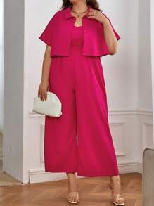 SHEIN Clasi Bộ thời trang Plus Size Nút phía trước màu trơn Giải trí - Màu Hồng Tươi - Xem 1