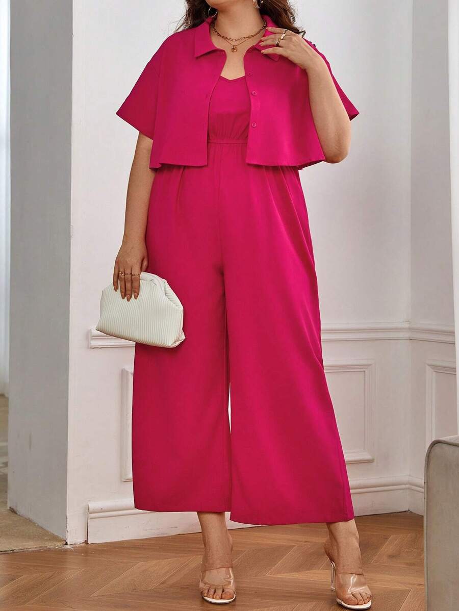 SHEIN Clasi Bộ thời trang Plus Size Nút phía trước màu trơn Giải trí - Màu Hồng Tươi - Xem 1