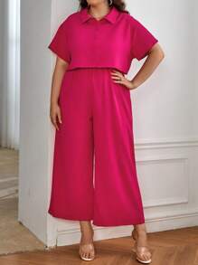 SHEIN Clasi Bộ thời trang Plus Size Nút phía trước màu trơn Giải trí - Màu Hồng Tươi - Xem 3