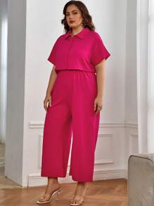 SHEIN Clasi Bộ thời trang Plus Size Nút phía trước màu trơn Giải trí - Màu Hồng Tươi - Xem 5