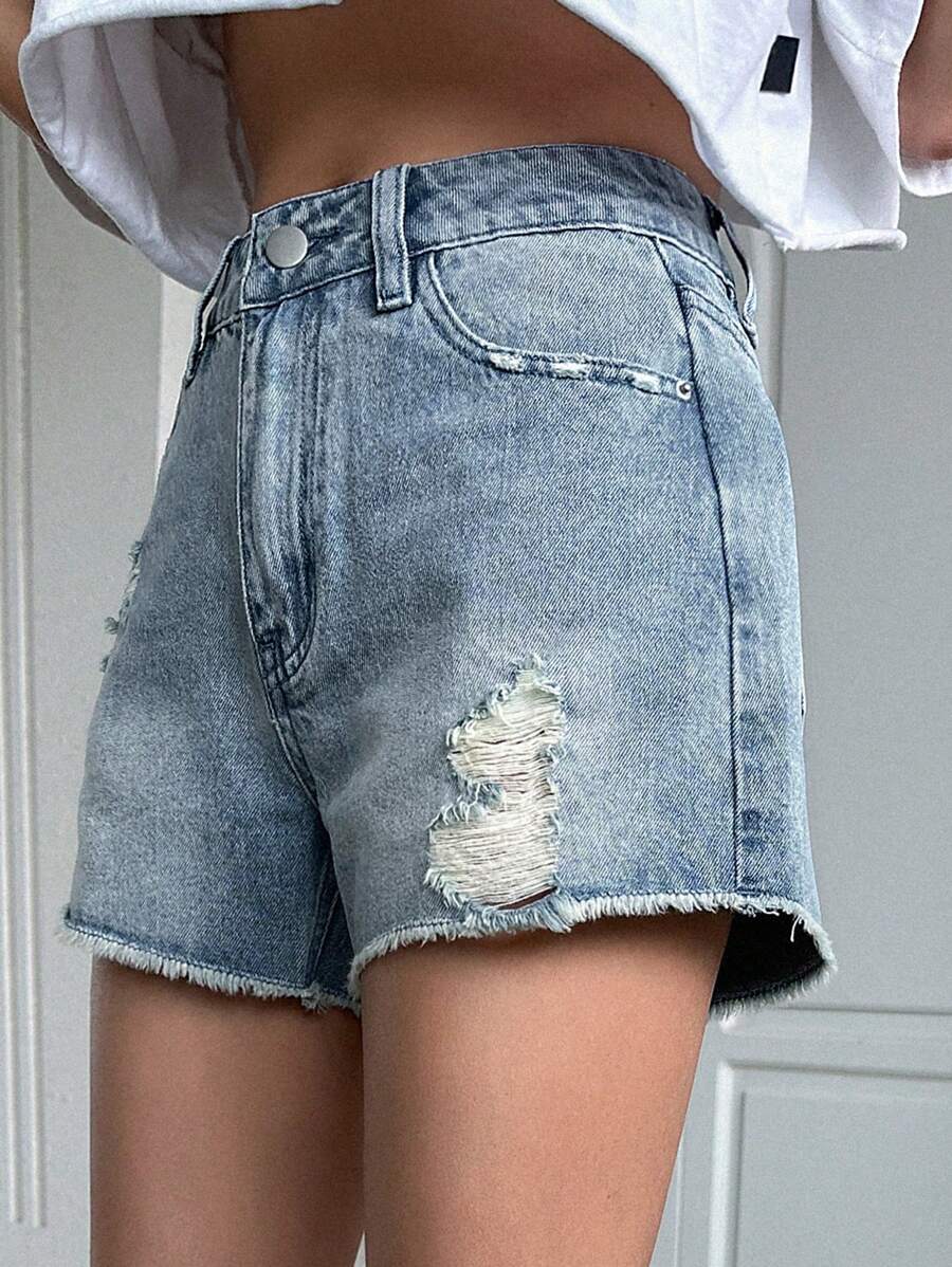 DAZY Quần short denim rách gấu - Rửa nhẹ - Xem 1