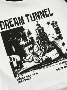 SHEIN EZwear 蝴蝶和标语图案插肩袖短款 T 恤梦幻隧道每一天都是宝藏始终保持好心情 - 黑與白 - 查看 4