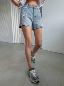 DAZY Quần short denim rách gấu - Rửa nhẹ - Xem 3