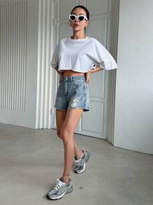 DAZY Quần short denim rách gấu - Rửa nhẹ - Xem 5