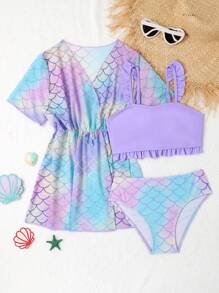 Tween Girl Fish Scales Frill Trim Bikini Set With Kimono Summer Beach Summer Holiday