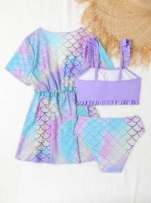 Tween Girl Fish Scales Frill Trim Bikini Set With Kimono Summer Beach Summer Holiday