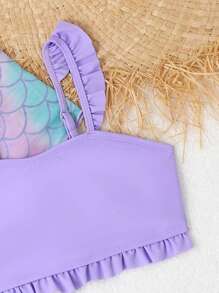 Tween Girl Fish Scales Frill Trim Bikini Set With Kimono Summer Beach Summer Holiday