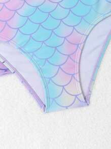 Tween Girl Fish Scales Frill Trim Bikini Set With Kimono Summer Beach Summer Holiday