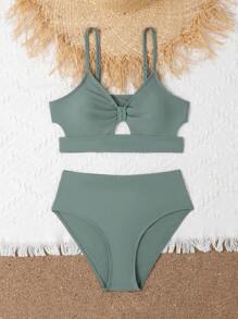 Teen Girls Cut-Out Bikini Set Summer Beach - Army Green - View 1
