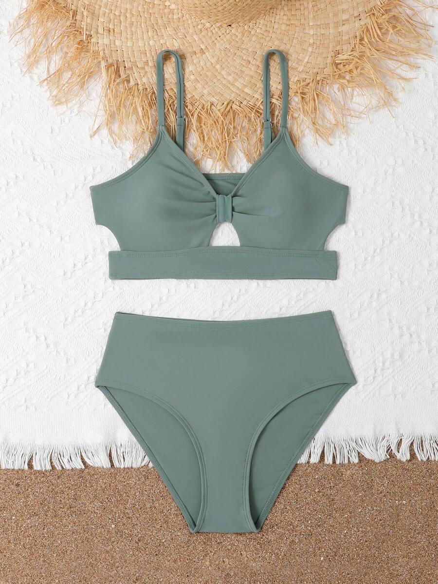 Teen Girls Cut-Out Bikini Set Summer Beach - Army Green - View 1