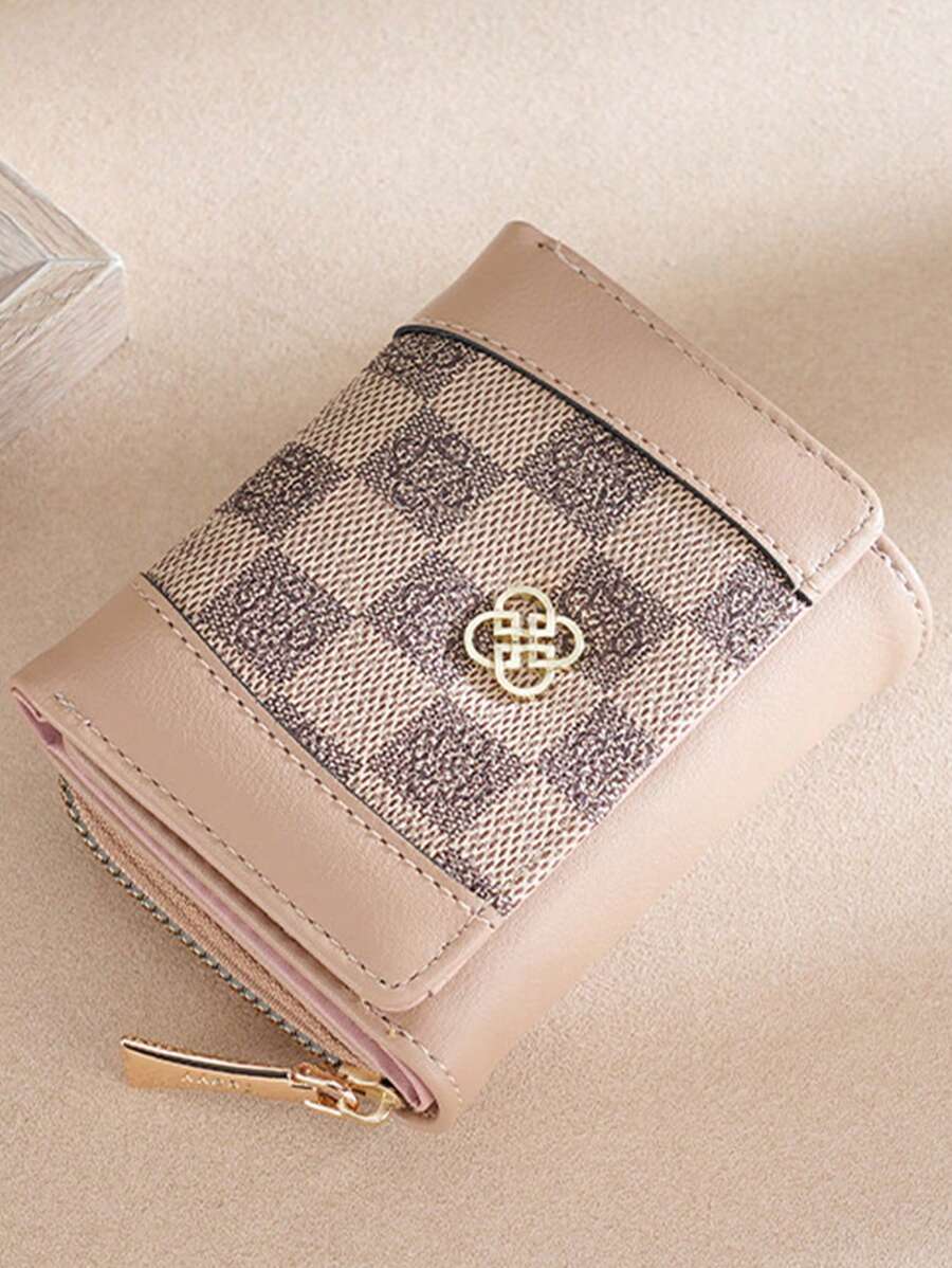 Ví nữ gấp ba đựng thẻ họa tiết kẻ caro thời trang mini mỏng nhẹ nhiều lớp di động đựng thẻ căn cước thẻ tín dụng khóa kéo tiền mặt đa năng thời trang tối giản kinh doanh hiện đại kỷ niệm ngày lễ tình nhân làm quà tặng sinh nhật cho phụ nữ cô gái túi quà tặng cho giáo viên đồ dùng học tập quà tặng cho giáo viên trở lại trường ví ví ví nhỏ - Màu be - Xem 1