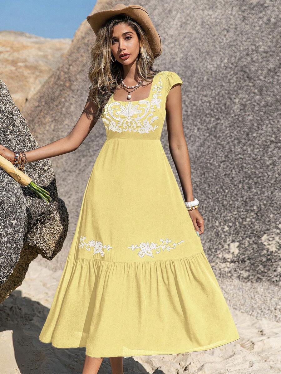 Rusttydustty 花卉刺繡荷葉邊連衣裙 - 黃色 - 查看 1