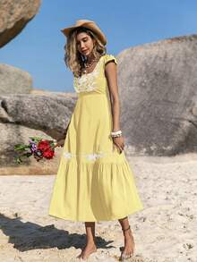 Rusttydustty 花卉刺繡荷葉邊連衣裙 - 黃色 - 查看 5