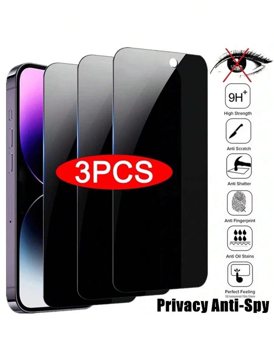 3 片装防窥手机屏幕保护钢化膜适用于 15/15Plus/15Pro/15Promax 生日、家人、朋友礼物钢化玻璃、手机屏幕保护膜、手机配件 - 黑色 - 查看 1