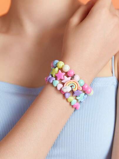 Anime 3 pièces Bracelet perlé mignon arc-en-ciel & à breloque étoile pour femme pour décoration quotidienne