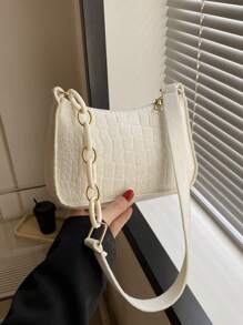 迷你鱷魚紋單肩包法棍包 - 白色 - 查看 1