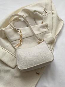 迷你鱷魚紋單肩包法棍包 - 白色 - 查看 2