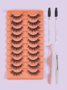 MAGEFY 10Pairs Of Natural Full False Eyelashes&2pcs Eyelash Brush&Tweezers&False Eyelash Aid,Fluffy Slim For Everyday Use Manga Eyelashes, Travel Essentials - Black - View 2