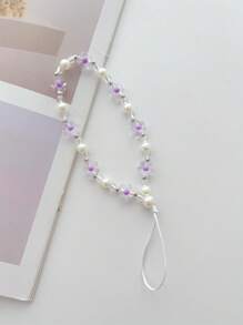 花朵裝飾串珠手機掛繩 - 紫色 - 查看 2