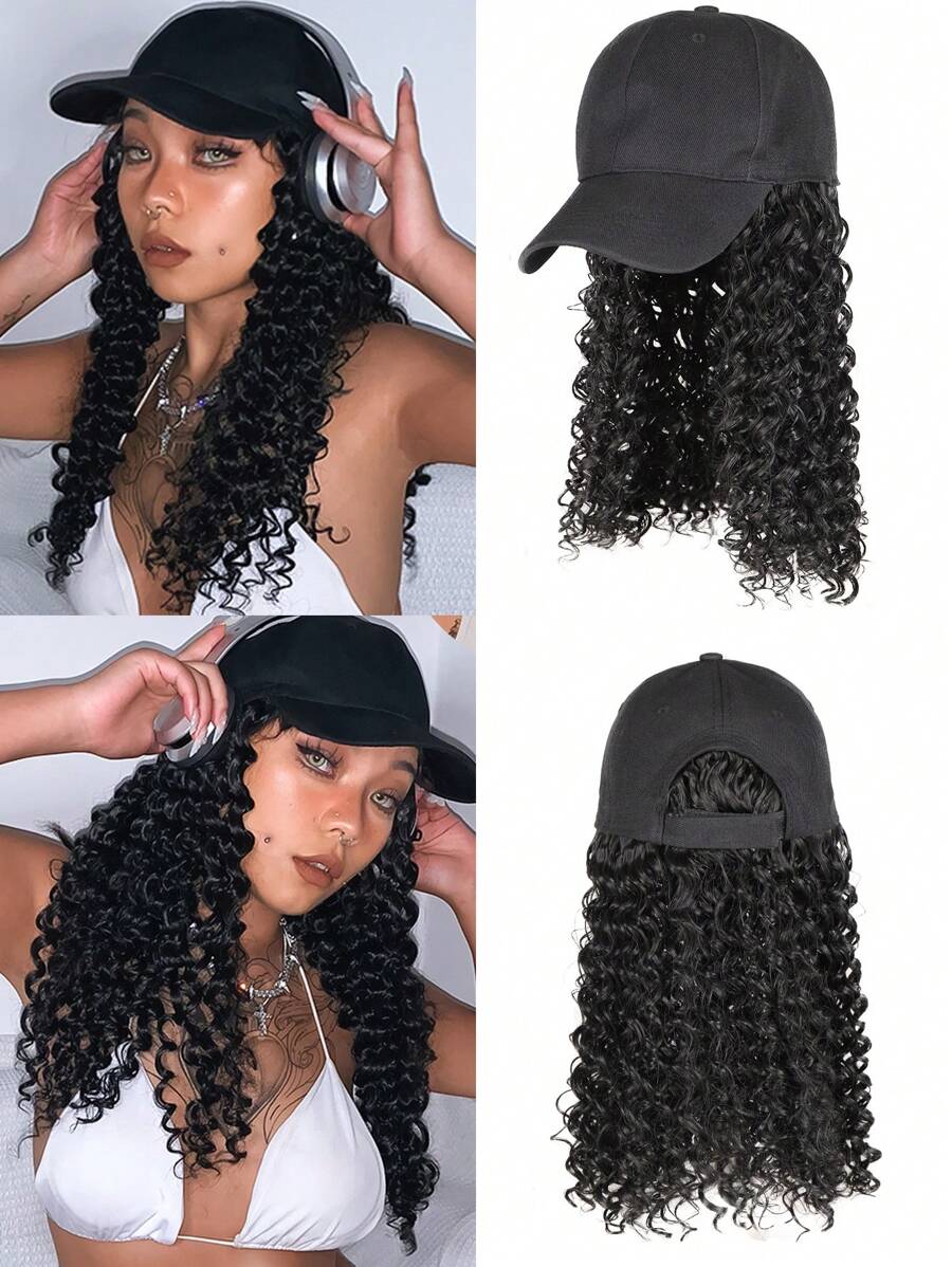 Tóc giả tổng hợp xoăn trung bình có mũ - màu đen - Xem 1