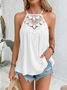 SHEIN VCAY Guipure Lace Insert Cami Top - White - View 1